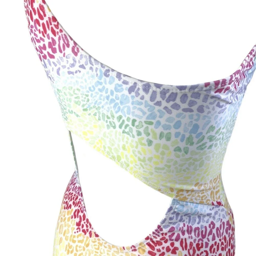 Onia Animal Print One Shoulder Swim Suit Pastel L